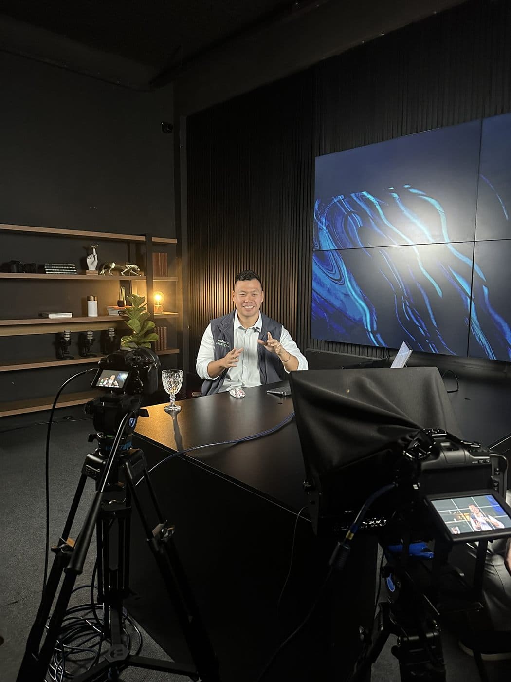 Dave Wang recording in studio